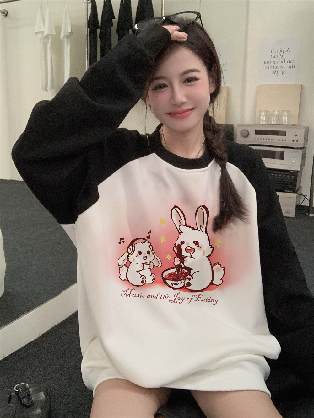 Real shot original baby velvet thickened velvet cute bunny pattern stitching contrasting color loose sweatshirt long-sleeved women's clothing