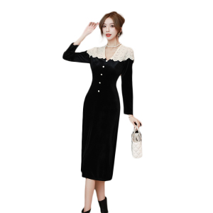 RM25151#蕾丝拼接连衣裙2023新款法式高级感中长款修身长袖长裙