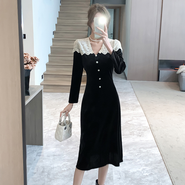 RM25151#蕾丝拼接连衣裙2023新款法式高级感中长款修身长袖长裙