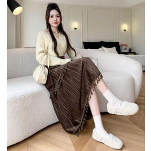 TR54773# ~金丝绒百褶裙高腰垂感半身裙秋季女中长裙a字裙伞裙新款 服装批发女装批发服饰货源