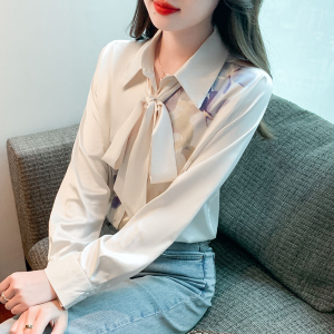 RM23619#飘带真丝衬衫女春长袖高端印花设计感重磅丝绸衬衣法式桑蚕丝上衣