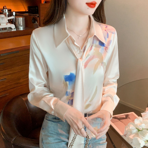 RM23619#飘带真丝衬衫女春长袖高端印花设计感重磅丝绸衬衣法式桑蚕丝上衣