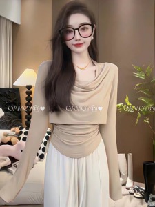 RM23606#美式尤猫上衣秋季新款挂脖设计感显瘦假两件百搭长袖上衣