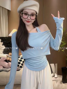 RM23606#美式尤猫上衣秋季新款挂脖设计感显瘦假两件百搭长袖上衣