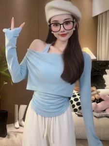 RM23606#美式尤猫上衣秋季新款挂脖设计感显瘦假两件百搭长袖上衣