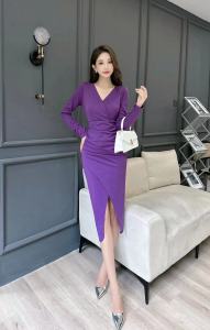 RM23610#通勤气质高档紫色褶皱开叉连衣裙女2023秋季包臀V领长袖裙子