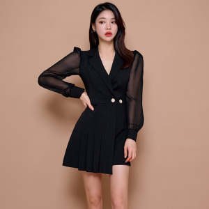 RM23526#韩版气质新款修身西装领拼接收腰压褶包臀时尚连衣裙