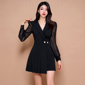 RM23526#韩版气质新款修身西装领拼接收腰压褶包臀时尚连衣裙