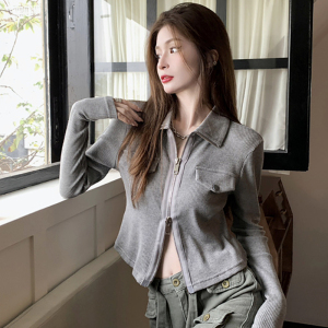 RM23573#双拉链长袖T恤女装秋季气质韩版新款修身显瘦休闲时尚打底POLO衫