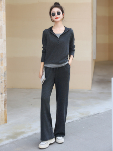 RM23670#时尚套装假两件拼接连帽长袖上衣休闲阔腿长裤女