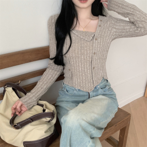 RM23596#大码胖MM2023秋季新款短款修身显瘦打底衫方领长袖上衣女