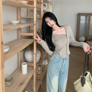 RM23596#大码胖MM2023秋季新款短款修身显瘦打底衫方领长袖上衣女