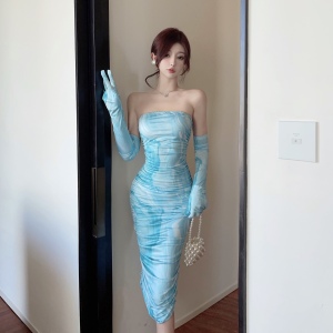 RM24789#新款小众欧美设计感印花气质性感包臀修身连衣裙
