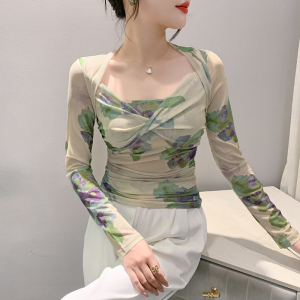 RM23777#法式温柔网纱印花上衣女设计感长袖小众显瘦打底衫