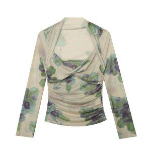 RM23777#法式温柔网纱印花上衣女设计感长袖小众显瘦打底衫