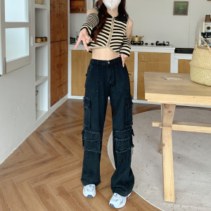 RM23590#大码女装秋季高街嘻哈工装牛仔裤女黑色宽松高腰直筒阔腿长裤