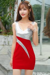 V-neck sleeveless buttocks wrapped dress sequin large size dress model beautiful short skirt