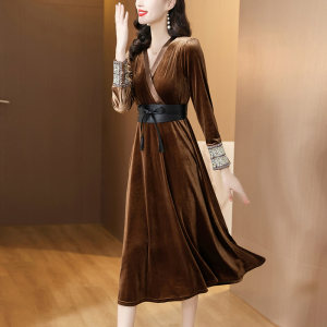 RM24577#高档金丝绒连衣裙高级感洋气复古收腰超修身高贵洋气长裙