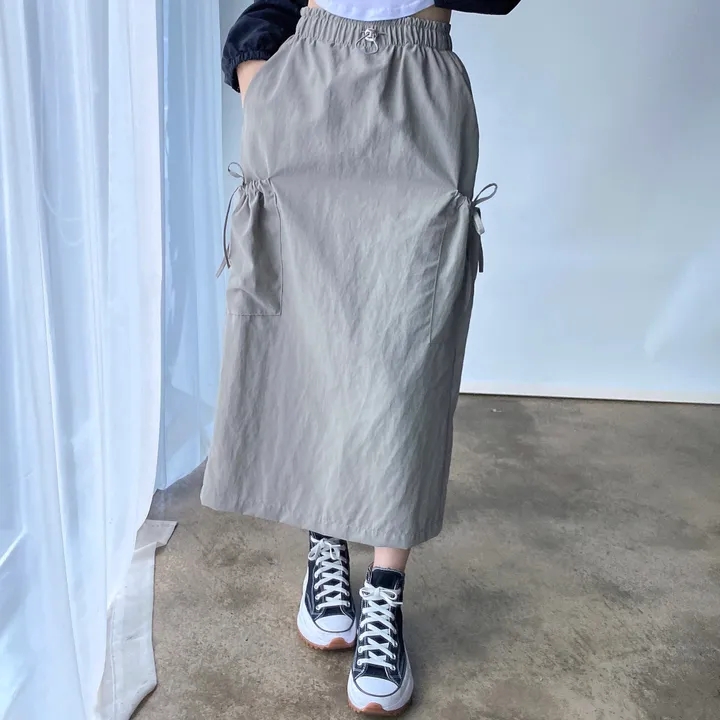 ins Korean spring retro casual simple drawstring elastic waist back slit pocket workwear A-line skirt
