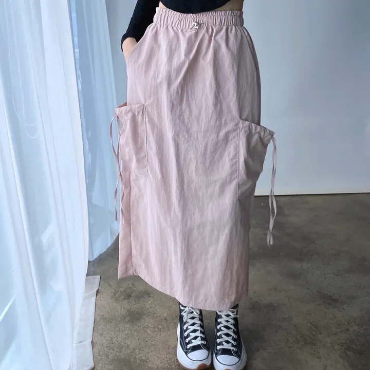 ins Korean spring retro casual simple drawstring elastic waist back slit pocket workwear A-line skirt