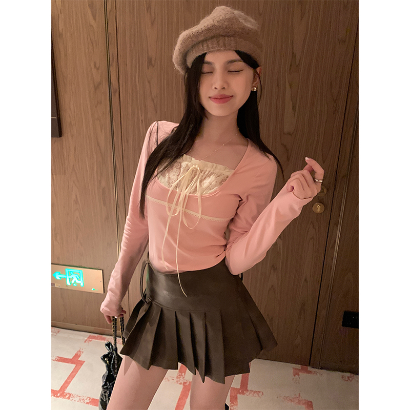 Fake two-piece sweet hottie long-sleeved T-shirt for women in autumn ballet style slim short right shoulder chic strappy top