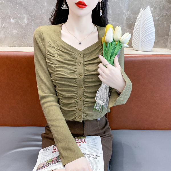 RM23794#长袖修身褶皱方领纯色针织面料修身显瘦设计感百搭新款女秋装