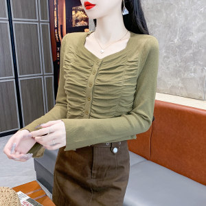 RM23794#长袖修身褶皱方领纯色针织面料修身显瘦设计感百搭新款女秋装
