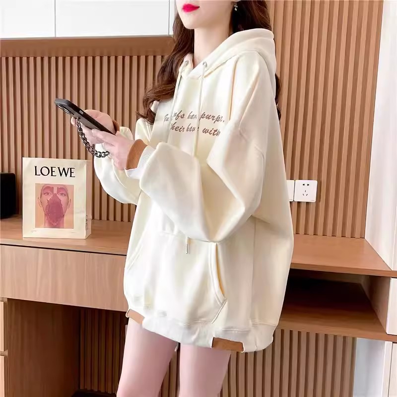 Pure cotton Chinese cotton | Back collar | Korean style loose contrast printed hooded sweatshirt for women