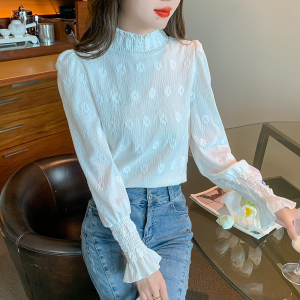 RM25159#泡泡袖印花雪纺衫女冬季新款半高领减龄小衫蕾丝气质打底衫