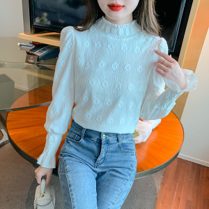 RM25159#泡泡袖印花雪纺衫女冬季新款半高领减龄小衫蕾丝气质打底衫