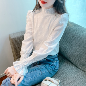 RM25159#泡泡袖印花雪纺衫女冬季新款半高领减龄小衫蕾丝气质打底衫