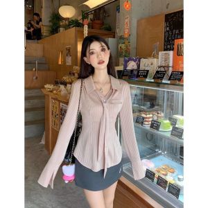 TR58529# 纯欲条纹长袖衬衫女秋季新款收腰显瘦设计感领带气质上衣 服装批发女装批发服饰货源