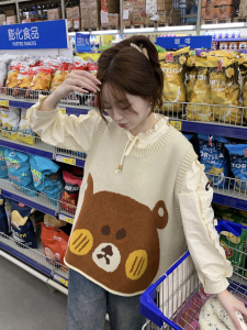 TR55328# ~韩版圆领泡泡长袖衬衫+大板型可爱熊针织马甲 服装批发女装批发服饰货源
