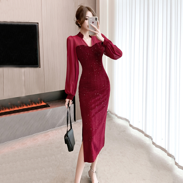 RM23778#新款小众设计感气质显瘦网纱拼接丝绒时尚收腰百搭长裙女