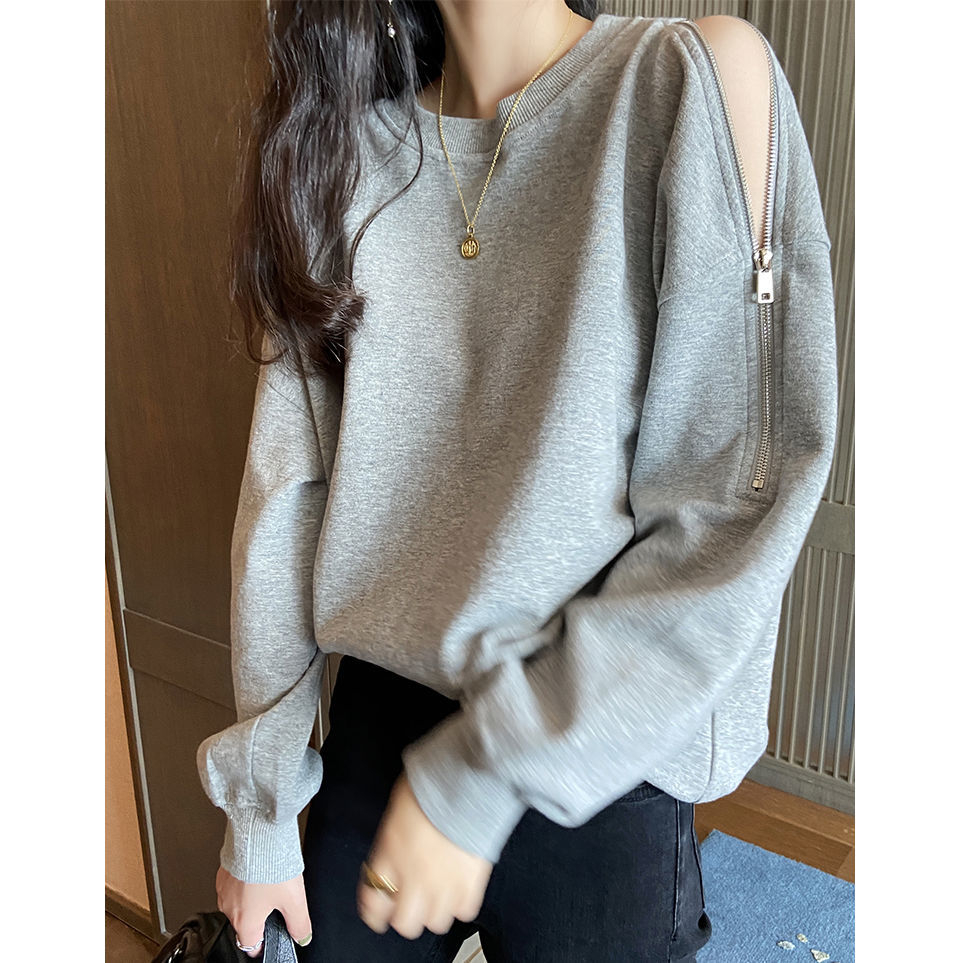 Zippered off-shoulder sweatshirt for women  new Korean style loose spring and autumn thin round neck pullover jacket trendy