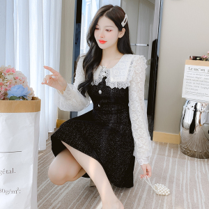 RM24381#新款法式小香风毛呢蕾丝拼接小黑裙气质甜美娃娃领