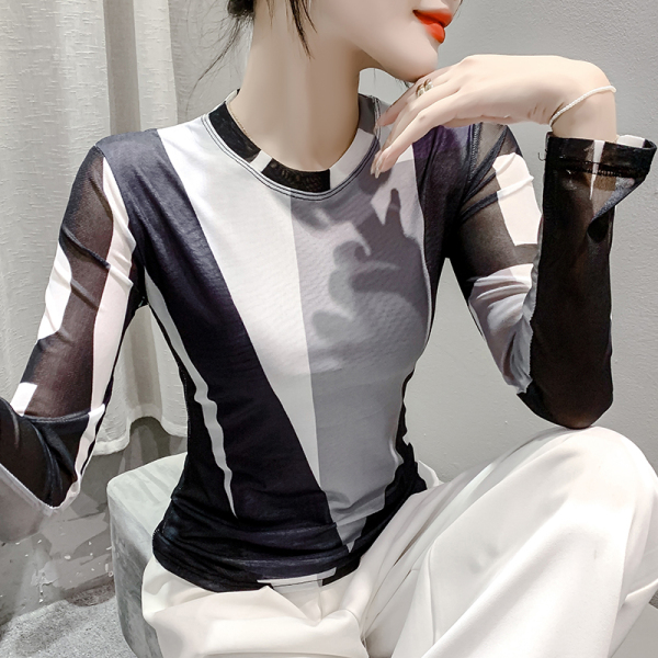 RM238407#时尚纱网印花定位花长袖圆领T恤修身显瘦洋气上衣潮