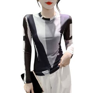 RM238407#时尚纱网印花定位花长袖圆领T恤修身显瘦洋气上衣潮