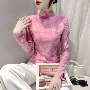 RM23846#时尚纱网印花长袖高领T恤修身显瘦打底衫上衣潮