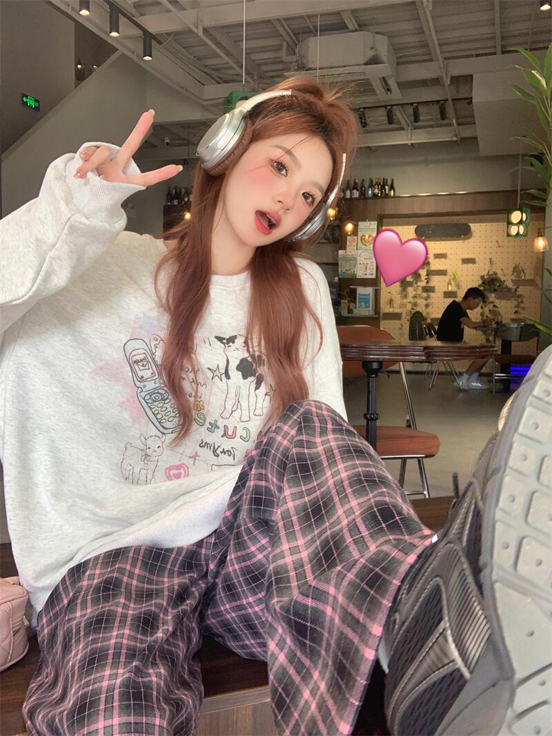 Actual shot of cartoon printed lazy style sweatshirt, casual pullover top + pink plaid drawstring casual pants and wide-leg pants