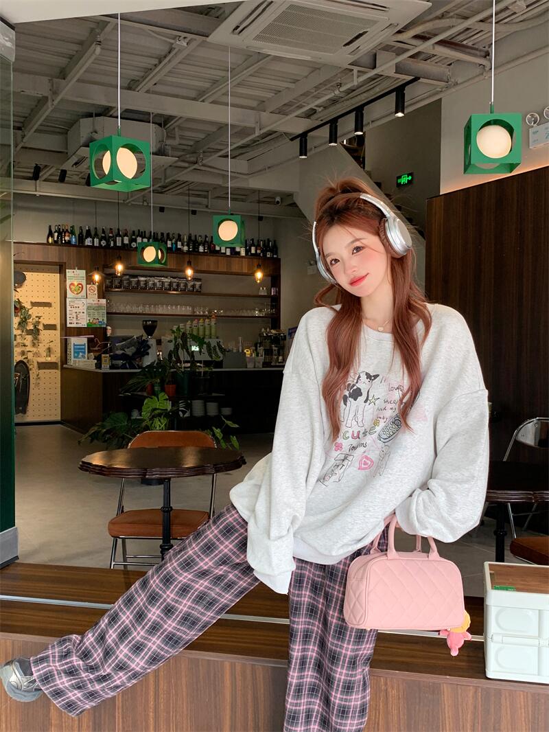 Actual shot of cartoon printed lazy style sweatshirt, casual pullover top + pink plaid drawstring casual pants and wide-leg pants