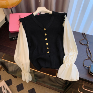 TR59102# 时尚假两件上衣针织v领开衫 服装批发女装批发服饰货源