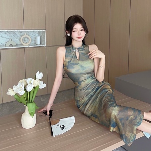 RM24790#新款新中式改良旗袍气质温婉甜美修身印花连衣裙