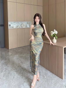 RM24790#新款新中式改良旗袍气质温婉甜美修身印花连衣裙