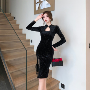 RM25057#新款法式复古气质中长款旗袍显瘦性感金丝绒连衣裙
