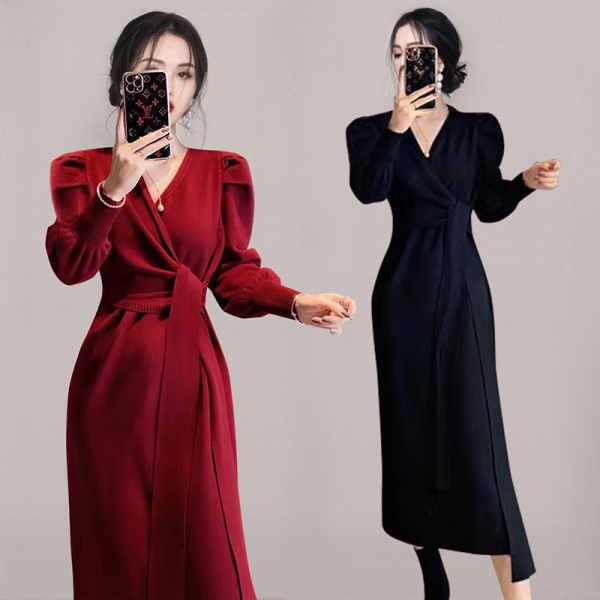RM25016#韩版时尚新款气质V领泡泡袖系带收腰显瘦修身优雅针织连衣裙