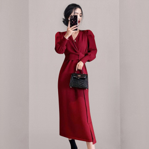 RM25016#韩版时尚新款气质V领泡泡袖系带收腰显瘦修身优雅针织连衣裙