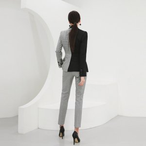 RM25017#韩版修身拼色千鸟格修身西装外套+高腰修身瘦腿西裤两件套装