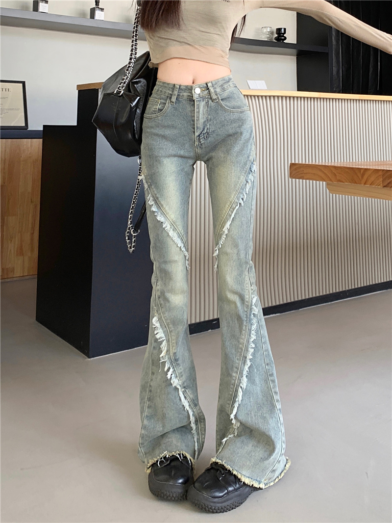 ~New high-waisted slim design raw edge retro bootcut denim trousers for women