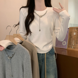 RM24532#欧货圆领纯色链条洋气抽绳褶皱长袖T恤女2023年秋季新款气质小衫